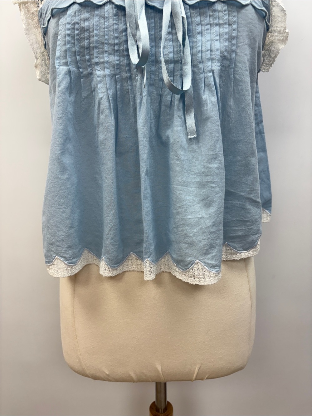 LoveShackFancy Cottage Ruffle Lace Pleated Prairie Woven Shirt Blue Medium - Picture 3 of 8
